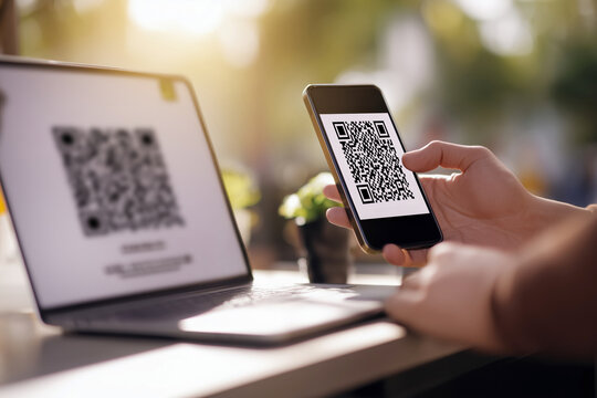 Close up of a person scanning a QR code on a laptop screen with a smartphone. The user performs a secure mobile payment , digital contact transfer. Fintech innovation.