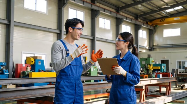 Two factory workers discussing a project in an industrial plant. Male and female engineers in blue uniforms and safety gear talking while holding a clipboard