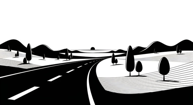 Black and white illustration of road landscape with trees
