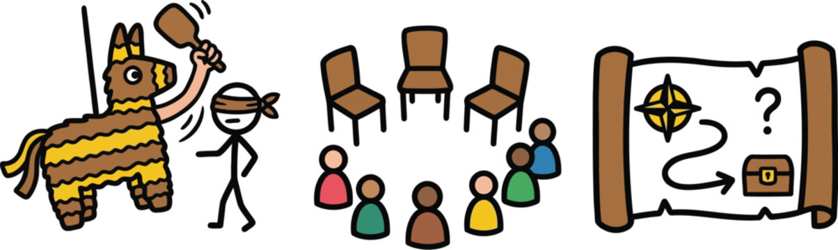 Various cartoon icons illustrate concepts related to party games, team building, and scavenger hunts for fun.