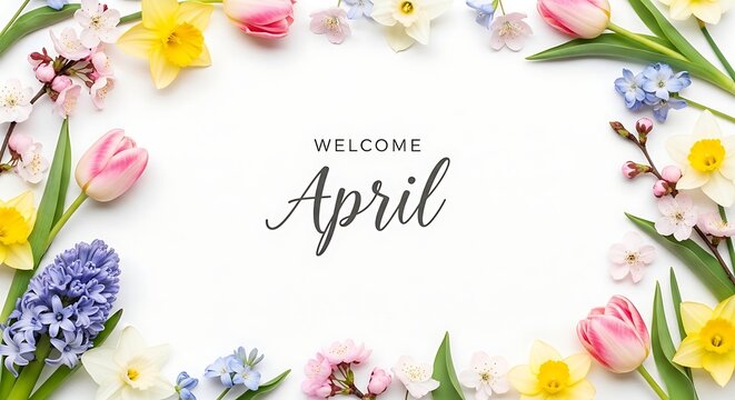 Welcome April floral wreath with spring flowers and handwritten text