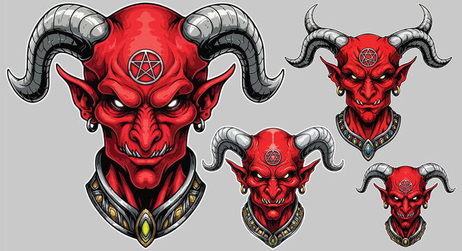 Detailed illustration set featuring aggressive red demonic satanic creature heads with large horns and pentagram symbols on transparent background