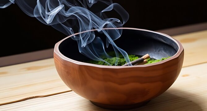 Smoking Incense in Wooden Bowl on Table.