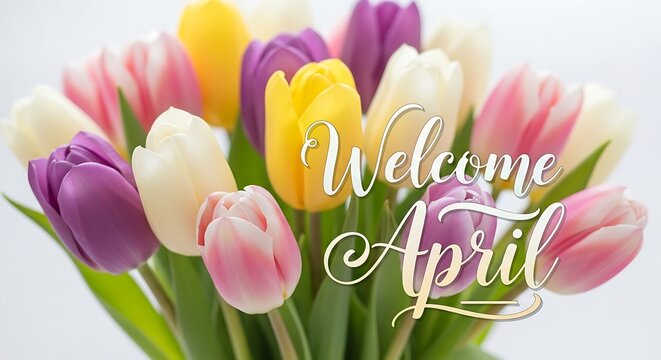 Vibrant April tulip bouquet with welcome calligraphy in soft light
