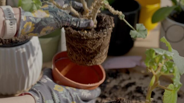 Woman taking plant out of plastic pot with exposed root ball and soil. Concept of outdoor gardening and repotting process