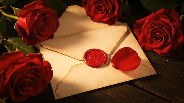 Red Roses Surrounding Envelope with Wax Seal.
