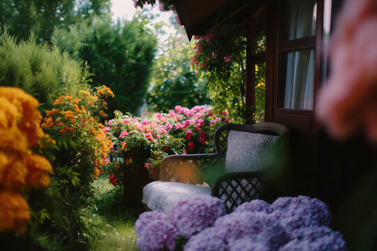 Close-up, a flower garden surrounds a wicker chair with cushions on a porch. Orange and pink blossoms, cozy ambiance. Rustic summer leisure. Cozy countryside landscape.