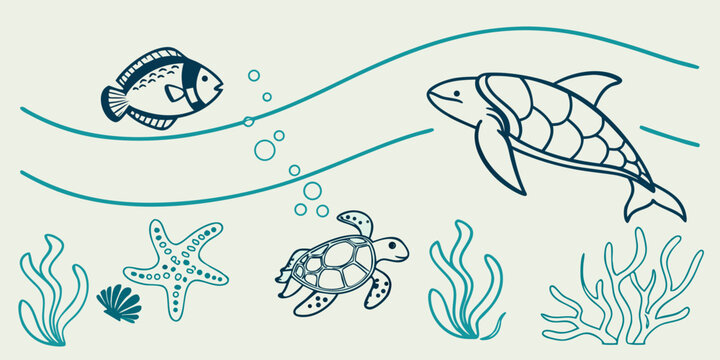 Underwater scene with sea creatures and plants fish turtle starfish