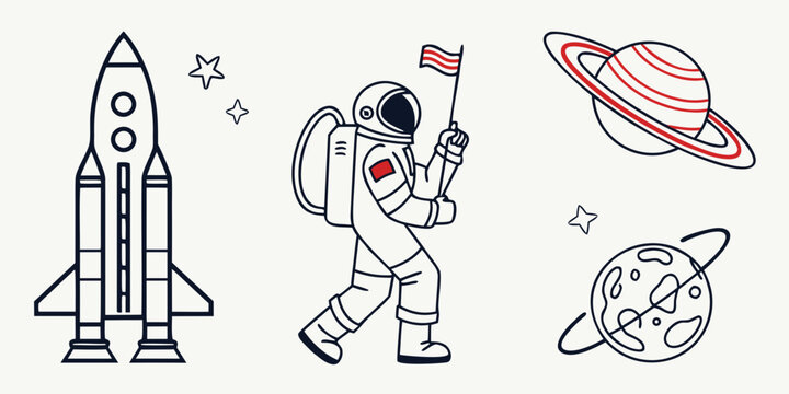 Astronaut walking on space with flag and planets rocket
