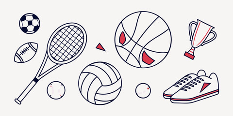 Fototapeta premium Sports equipment and balls tennis racket basketball volleyball