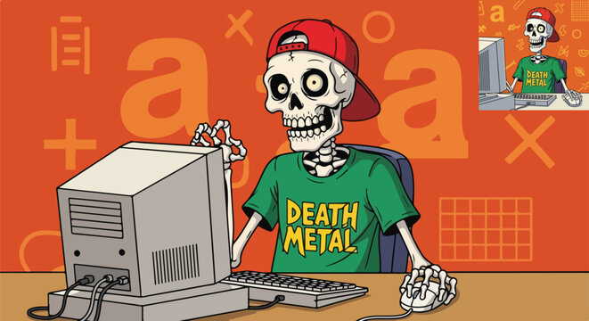 Cartoon skeleton wearing a death metal t-shirt and red cap sitting at a desk while making an okay gesture and using an old personal computer on transparent background. on transparent background