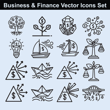 Financial concept icons including money sailboats pyramid distribution and balancing scales for global trade and equitable wealth management solutions
