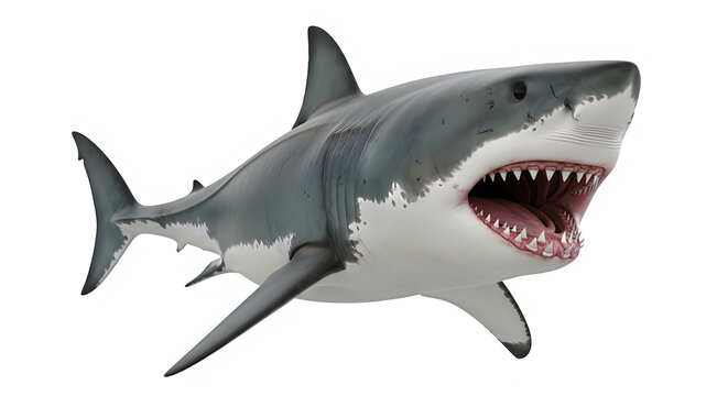 Highly detailed model of a gray shark with open mouth and sharp teeth isolated on a transparent background