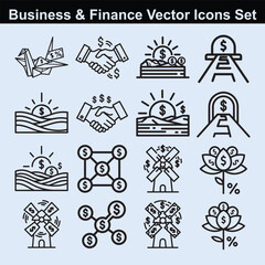 Fototapeta premium Business and finance vector icons set a comprehensive collection of symbols representing various aspects of commerce and financial activities