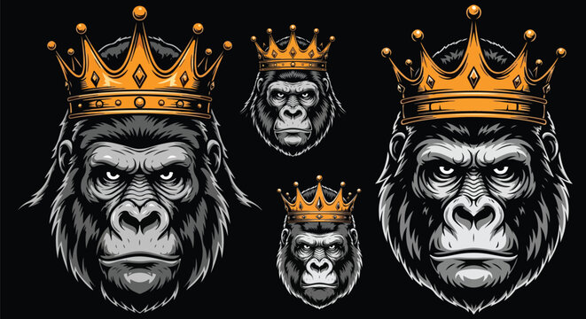 Detailed set of powerful gorilla heads adorned with ornate golden royal crowns showcasing majestic wildlife portraiture on transparent background