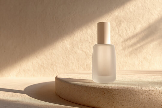 Mockup of a small, frosted glass bottle with a beige cap on a round stucco pedestal against a textured wall. Premium skincare mockup aesthetic. Minimalist product display concept.