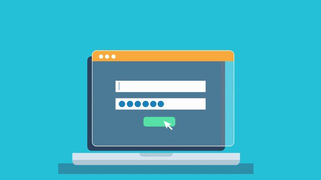 Animated sequence of login form leading to success confirmation and cloud dashboard with document and folder management interface on a laptop screen.