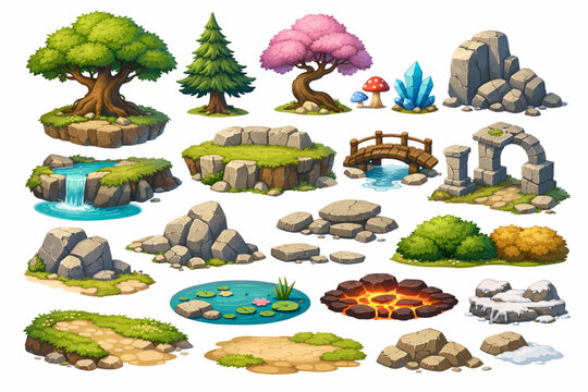 Game Cartoon Elements Set &ndash; Fantasy Landscape Pieces with Trees and Stones for Landscape Creator