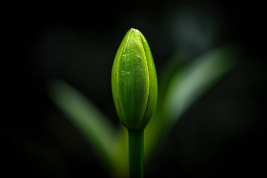 A close-up of a smooth, bright green lily bud grows vertically against a dark, moody background. Bold visual contrast, intense illumination. Organic beauty, life stages, unfolding promise.