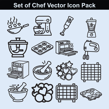 Professional set of chef vector icon pack displaying kitchen appliances and baking equipment for culinary graphics