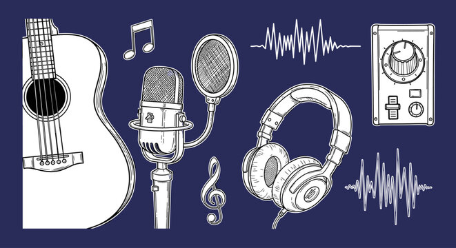 Music instruments for sound recording studio.