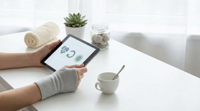 包帯をした手元でタブレットのケア画面を見る在宅サポート表現