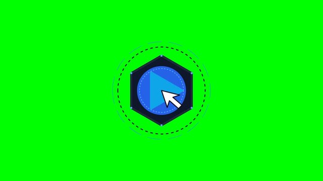 Captivating animated digital play button interaction on a vibrant green screen, featuring a responsive cursor click and modern media control element