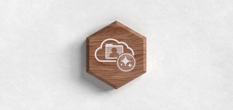 Holz Hexagon Header mit Cloud Benutzer Ordner Symbol und Sparkles f&uuml;r KI K&uuml;nstliche Intelligenz Datenverwaltung Nutzerprofil Cloud Speicher Management User Account Organisation