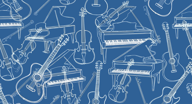 Musical instruments drawn in white lines.
