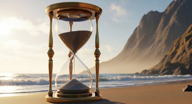 Golden hourglass with dark sand on a serene sandy beach at sunset, symbolizing time passing and deadlines in a tranquil coastal landscape with mountains and ocean waves
