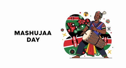 Fototapeta premium Kenyan musician playing traditional drum for Mashujaa Day celebration. Vibrant illustration depicts person in cultural attire, embodying national pride, joy for Mashujaa Day.