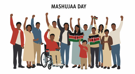 Obraz premium Diverse people celebrating Mashujaa Day with raised fists. Unified community holds Kenyan flags, expressing patriotism and national pride for Mashujaa Day.