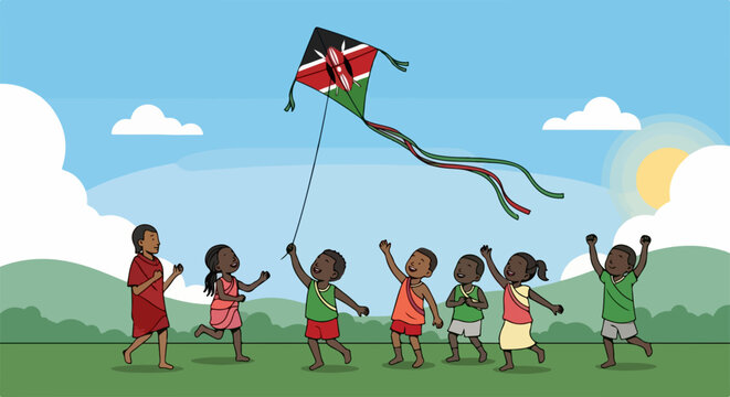 African children flying kite with national flag design in sunny outdoor landscape. Group of children flying kite, enjoying playtime on grassy field under blue sky, embodying freedom.