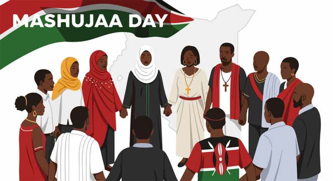 Diverse group commemorates Mashujaa Day, holding hands in circle with Kenyan flag. This Mashujaa Day image shows national identity, cultural diversity. Concept Mashujaa Day for education, community,