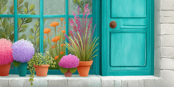Close-up of part of a turquoise door with fantastic flowers in the window and in a pot on the windowsill. Perfect for children&rsquo;s books, greeting cards, interior prints.