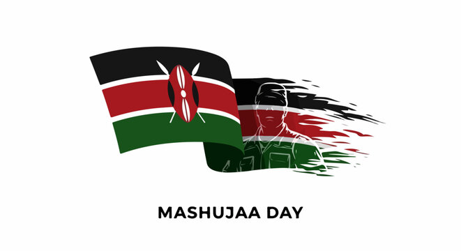 Waving Kenyan flag for Mashujaa Day celebration, symbolizing national pride. Dynamic brush stroke flag design represents vibrant spirit of Mashujaa Day, honoring heroes.