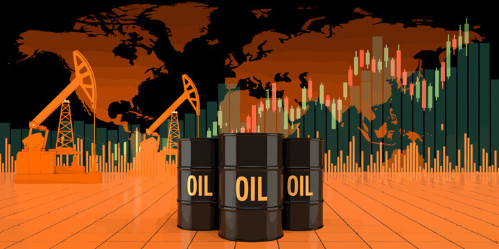 Oil barrels and pumpjacks with stock market graph in background
