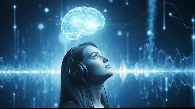 Futuristic Woman Experiencing Digital Brain Interface and Sound Waves.