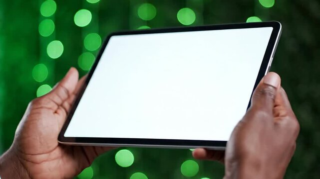 Tablet device being held against a bokeh background display concept