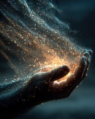 Fototapeta premium A hand, cupped and open, glows with golden particles streaming into the darkness