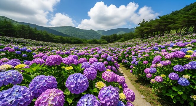 Vibrant Hydrangea Flowers in Mountainous Landscape.