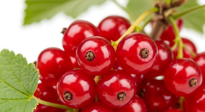 Cluster of ripe red currants on a stem, viewed closely against a