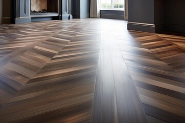 Fototapeta premium Herringbone patterned wood floor reflecting light in a modern, luxurious interior