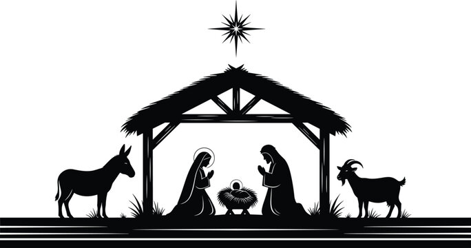 Nativity scene silhouette with baby Jesus Mary Joseph in stable under Christmas star with donkey and goat cad drawing flat vector illustration flavector.