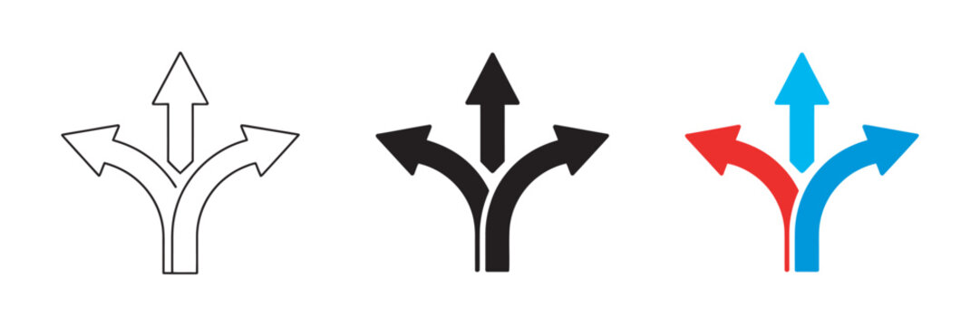 Three way directional arrow choices option icon, road traffic direction, alternate route vector, transparent background, navigation, signage, directional symbol, travel, path icon