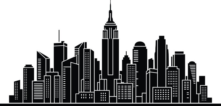 New York City skyline silhouette with Empire State Building and skyscrapers, urban cityscape vector illustration isolated on white background, Manhattan downtown.