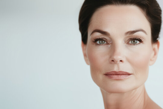 Close-up portrait of a Beautiful, gorgeous mature brunette woman looking at the camera, on white background. Middle-aged older female. Healthy facial skin care beauty for lady.