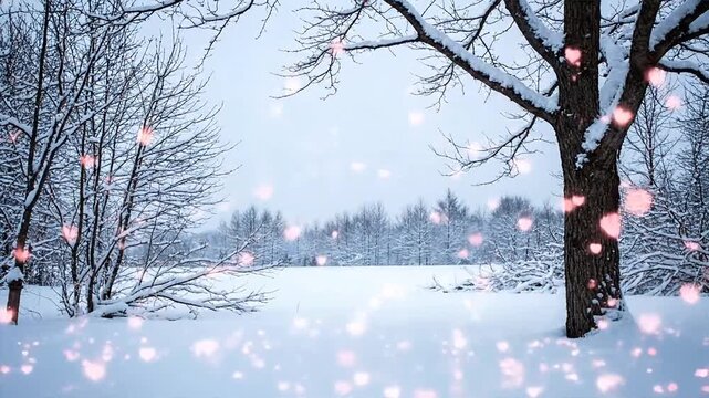 Snowy Landscape with Trees and Falling Hearts.