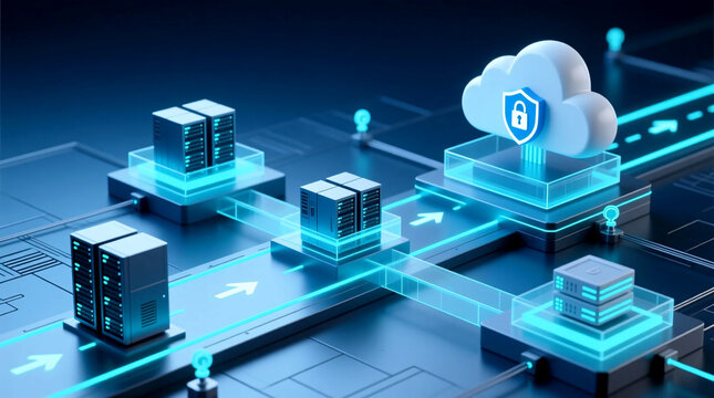 Advanced Hybrid Cloud Cybersecurity protecting enterprise data migration across interconnected infrastructure visualizing secure system transfers for scalable digital transformation
