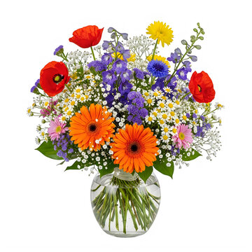 A bouquet of flowers in a glass vase on a white background isolated on white background